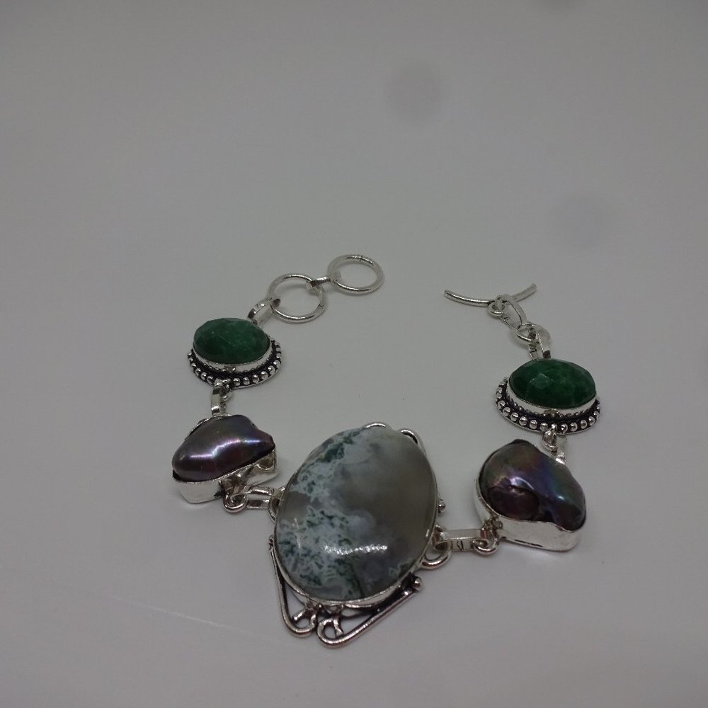 Gorgeous "BARICSITE JASPER, BIWA PEARL, JADE" Handmade Sterling Bracelet